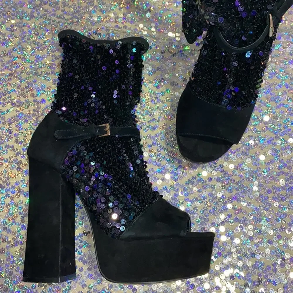 Shelly’s London • Haimi Iridescent Sequin Sock Bootie Platforms
